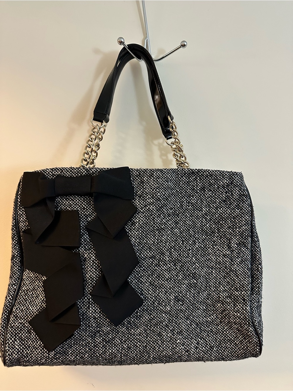 Kate Spade Ivy Lane Tweed Bow Shoulder Bag Tote Black Gray